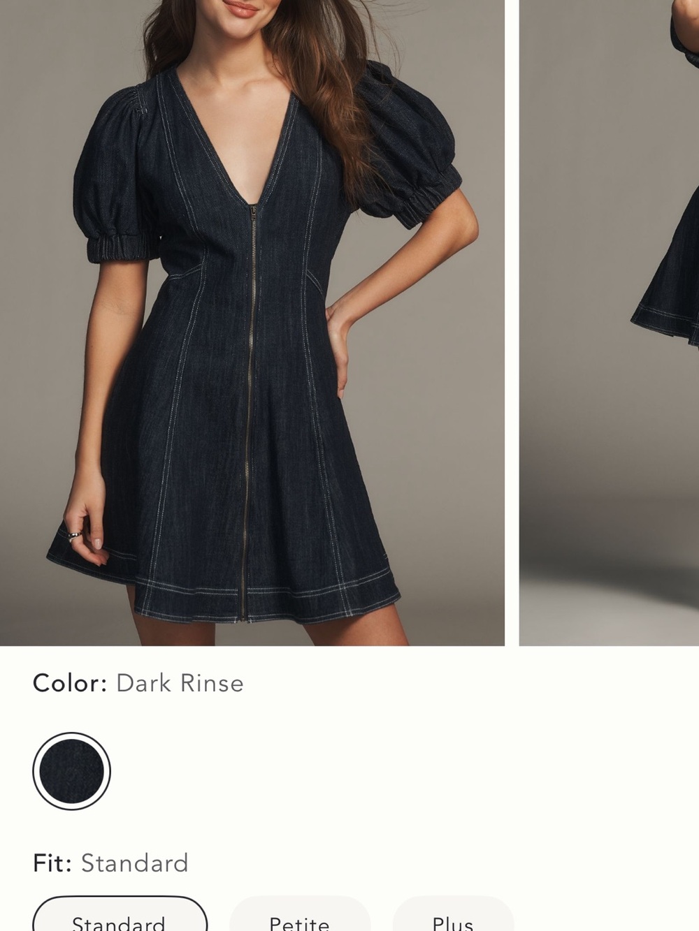 Anthropologie Dark Rinse Zip-Front Puff Sleeve Mini Dress
